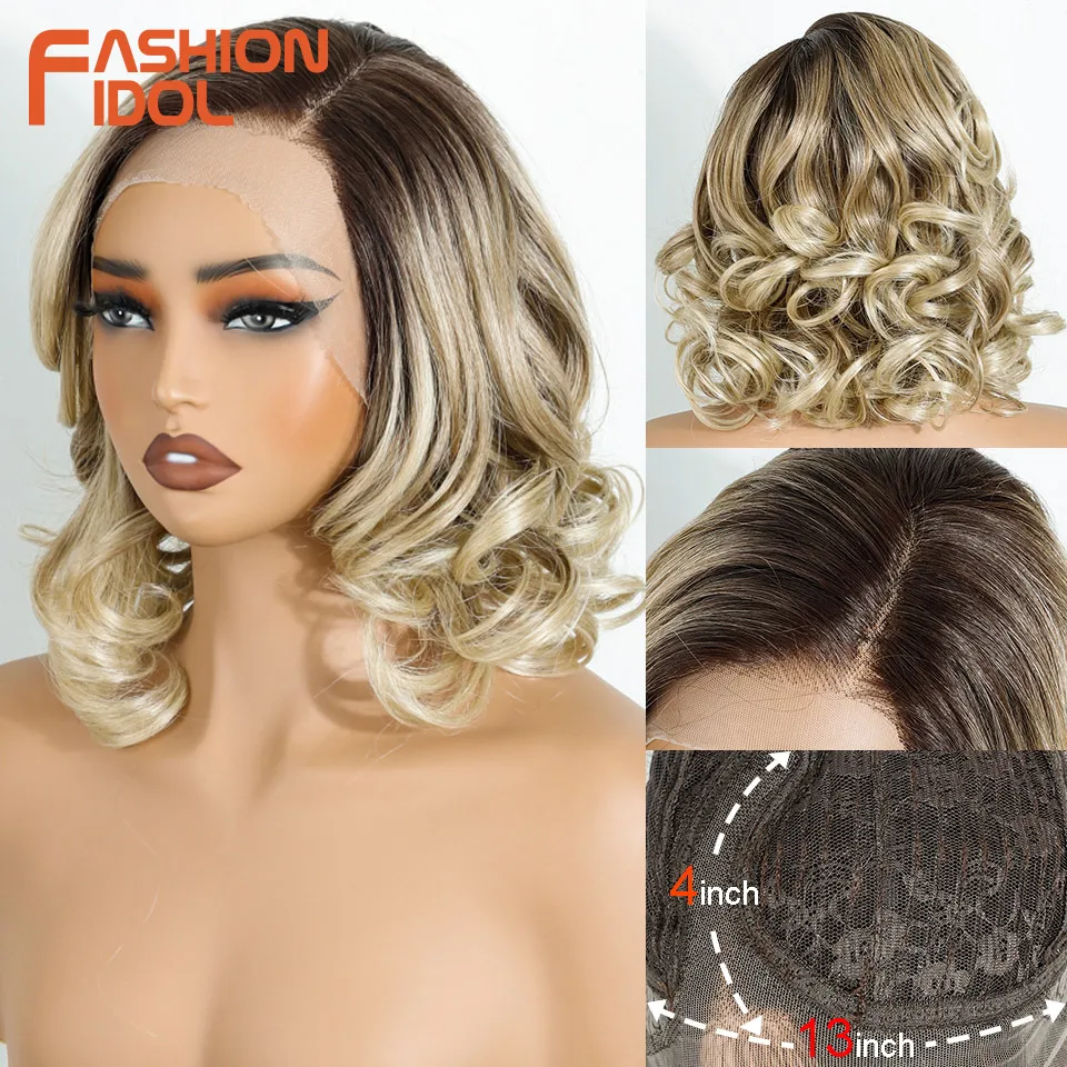 

FASHION IDOL 10inch Deep Wave T Part Lace Wigs For Women Dyed Wigs Synthetic With Baby Hair Wigs Ombre Brown Daily Wigs Cosplay