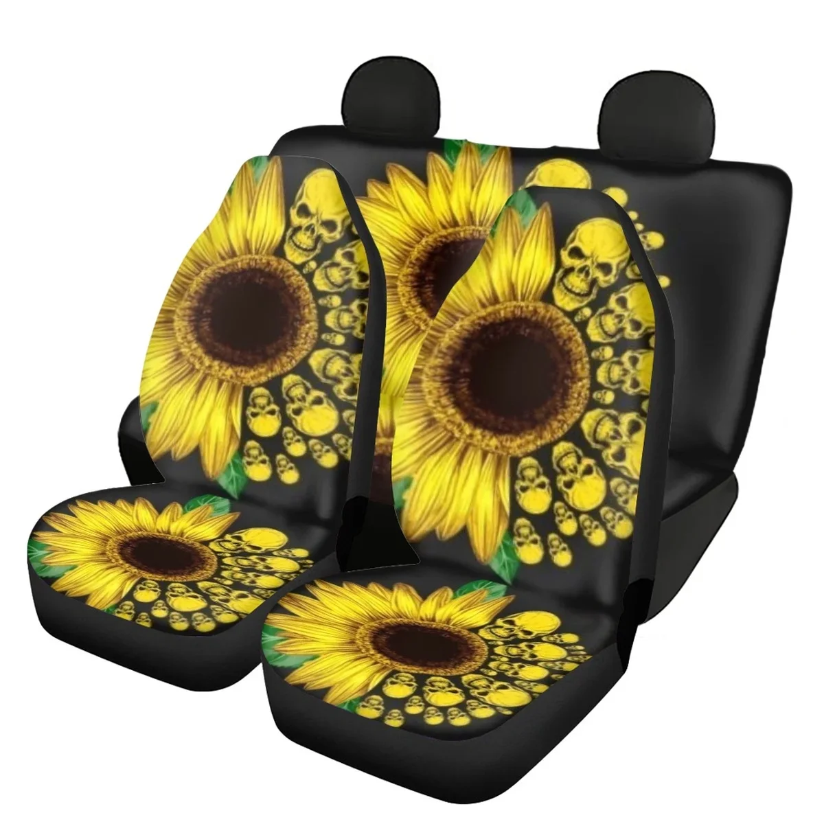 Car Seat Cover Set 3D Skull with Sunflowers Heavy-Duty Nonslip Front/Back Auto Seats Cover Full Set Universal Most of Vehicle