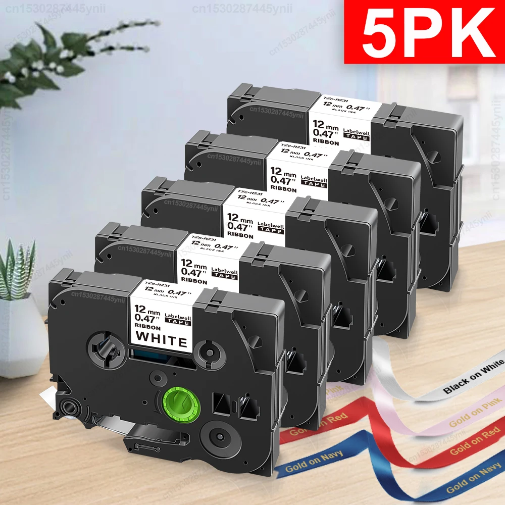 Fita de cetim etiqueta fitas para Brother, P-touch Label Maker, compatível para Brother, RE34, RN34, RW34, R234, R231, RE31, 12mm, 3 pcs, 5pcs