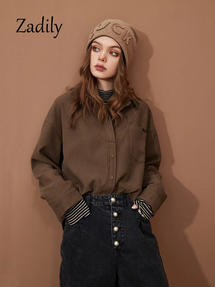 Zadily 2023 Winter Casual Long Sleeve Corduroy Women Fake Two Shirt Turn Down Collar Button Up Thick Ladies Shirts Autumn Blouse