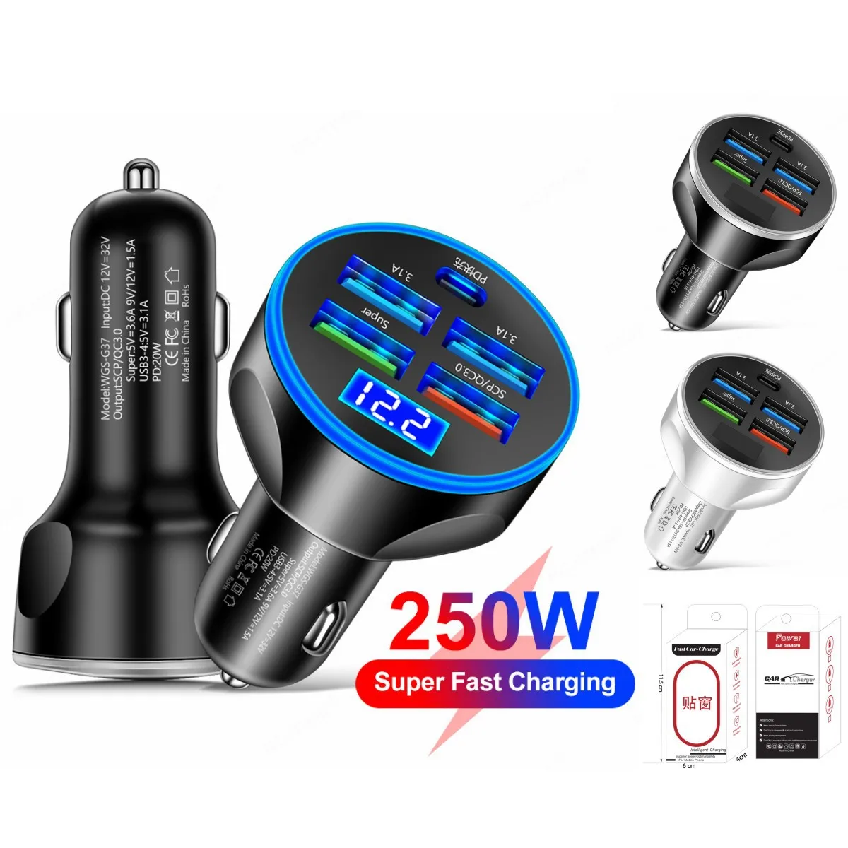 PD 250W Type-C USB Car Charger Support Super Fast Charging 5 Ports Phone Adapter for iPhone Samsung Huawei Xiaomi Laptop QC 3.0