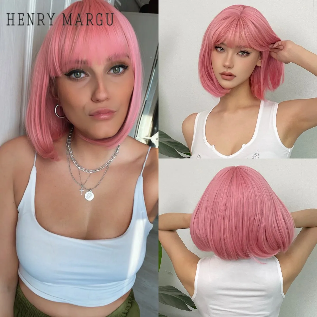 

HENRY MARGU Short Pink Synthetic Natural Wigs Straight Bob Wigs for Women with Bangs Heat Resistant Fiber Wigs Daily Lolita Wigs