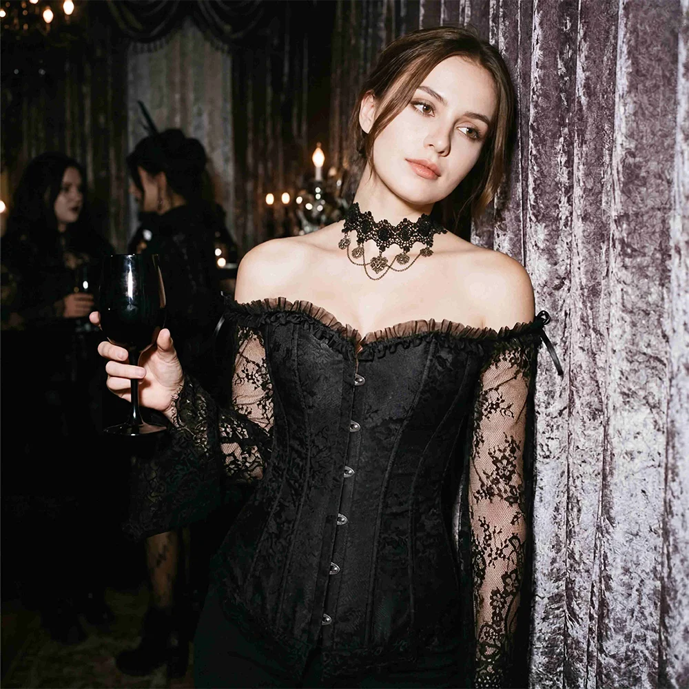 Vintage-Stil Korsett-Tops für Damen mit Ärmeln, Viktorianisches Retro Burlesque Spitzen-Korsett und Bustiers Weste Mode