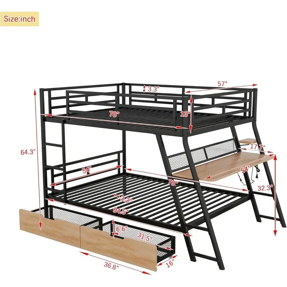Industrial Metal Full Over Full Bunk Bed with Integrated Desk, Light, 2 Drawers, Ladder, Guardrail, Noise-Free, No Box Spring Re