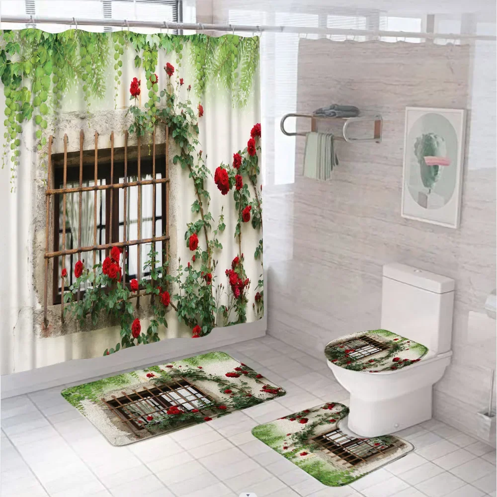 Nordic Greece Buildings Shower Curtain Set City Street Blue Window Door Flower Tree Bathroom Decor Bath Mat Rug Toilet Lid Cover