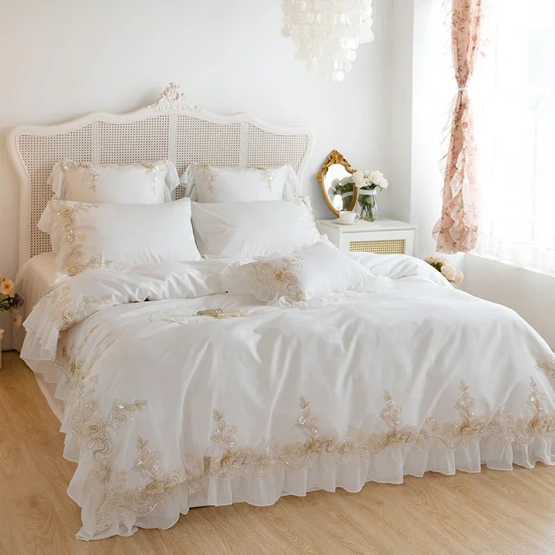 White Lace Embroidery Princess Bedding Set Luxury High End France Style Egyptian Cotton Duvet Cover Sets Bed Sheet Pillowcases