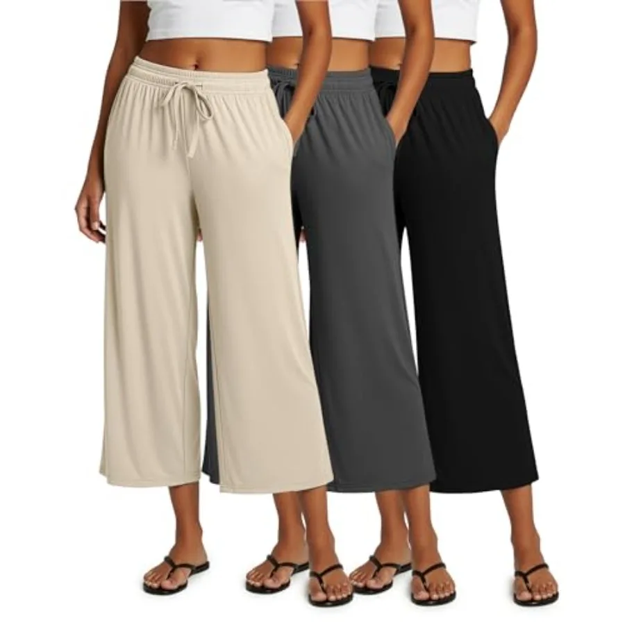 Real Essentials 3 Pack: Women's Ultra-Soft Wide Leg Loose Capri Open Bottom Pants - Yoga Lounge Pockets Available in Plus