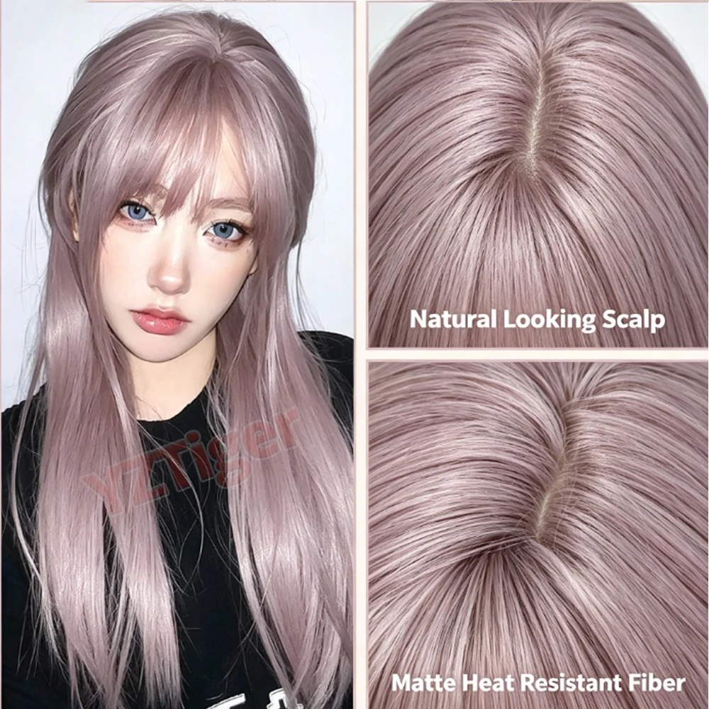 Ash Purple Wig Long Straight Synthetic Wig with Bangs for Women Lolita Cute Daily Use Cosplay Wigs High Quality Heat Resistant