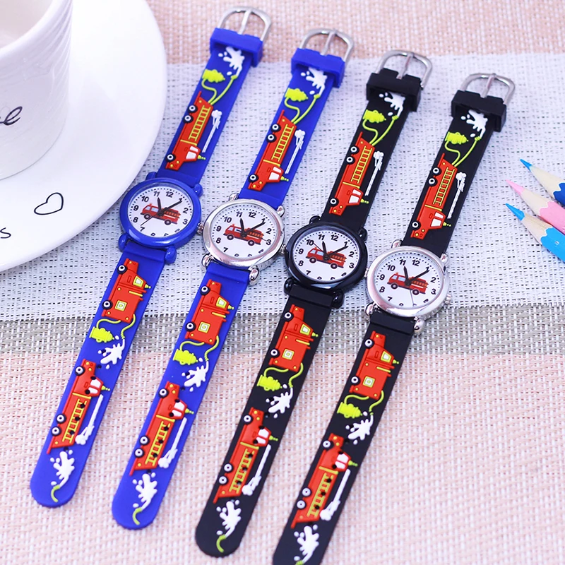 new cool children's boys girls little baby fire truck cartoon electronic watches kids students blue gifts silicone wrist watches