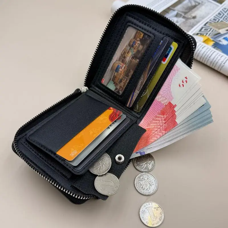 Nova Promoção: Carteira Masculina de Couro com Zíper, Porta-Cartões Slim de Qualidade, Carteira Curta Masculina com Múltiplos Compartimentos e Bolso para Moedas