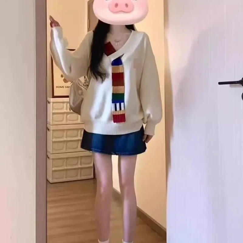 

American Retro Rainbow Patchwork V-neck Knitted Sweater Jacket Loose and Lazy College Style High-end Women's Sweater