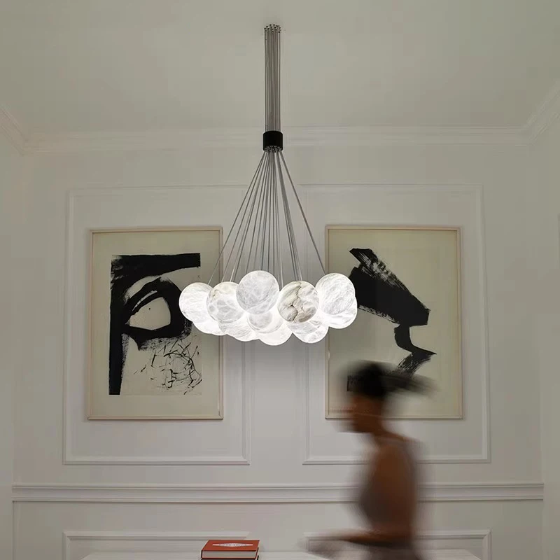 Spanish Marble Balls Chandeliers Luxury Led Home Decoration Elegant White Chandelier Stone Light Fixture Over Foyer Living Room