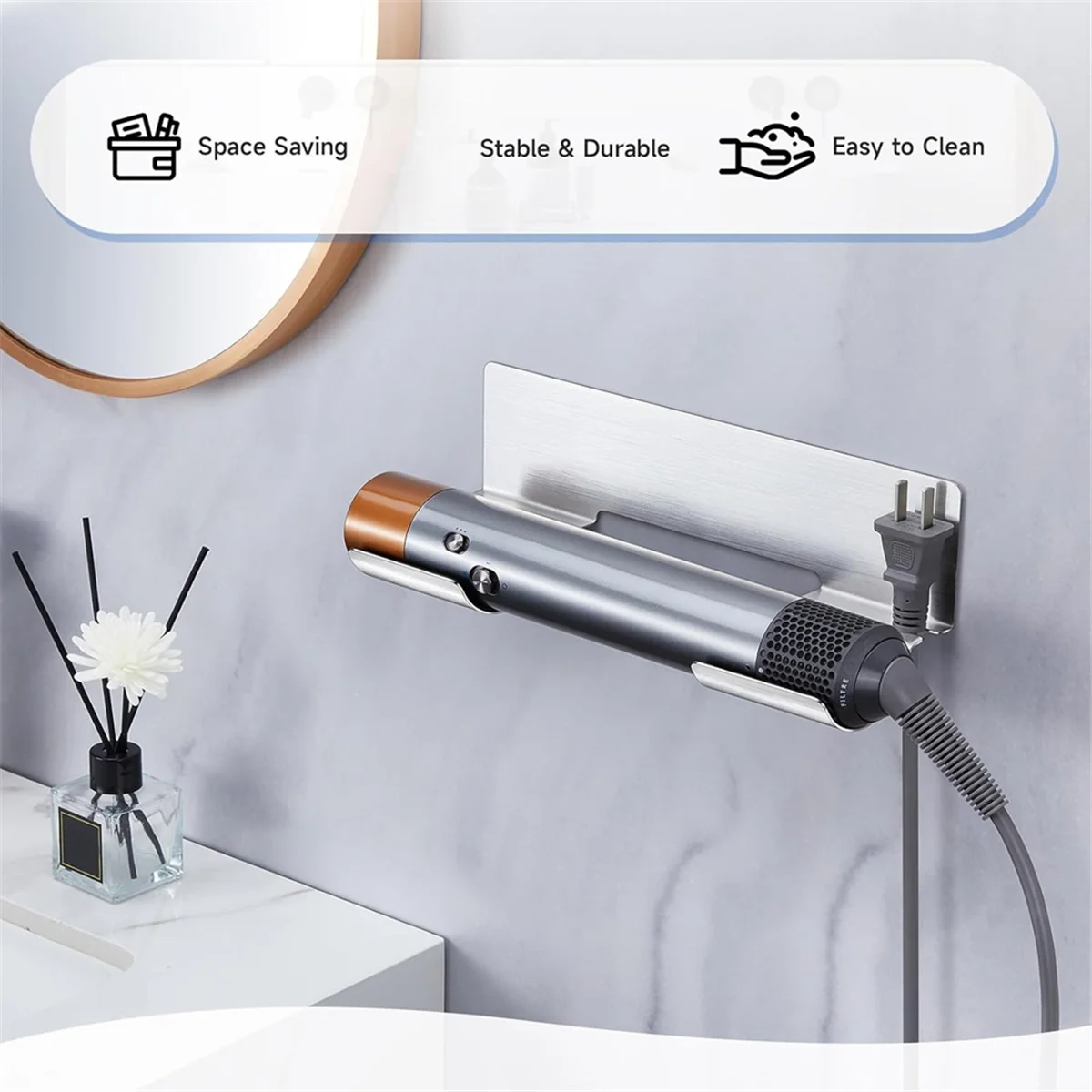 A72P حامل تخزين أدوات الشعر، حامل مجفف الشعر، منظم أدوات الشعر، حامل مجفف الشعر للحمام، مثبت على الحائط، ذاتي اللصق #6