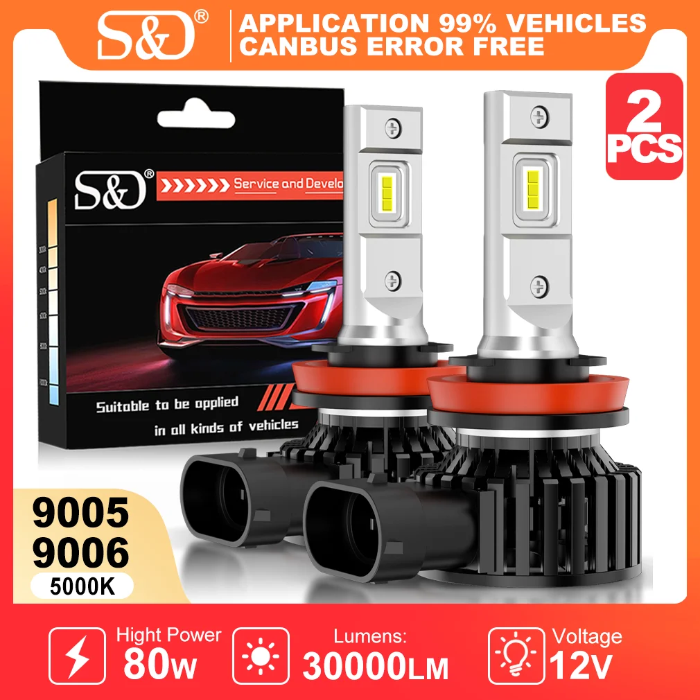 S&D 9005 HB3 9006 HB4 Canbus LED Headlights 80W 9012 Led Fog Lamp 3570 CSP 30000LM Car Headlight Bulbs with Turbo Fan 5000K 12V