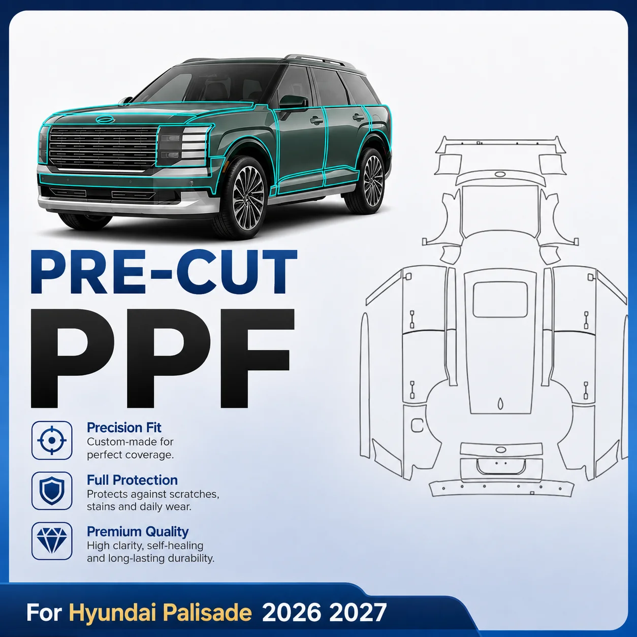 Для Hyundai Palisade 2026-2027: 9 мил TPU предварительно вырезанная матовая прозрачная защитная пленка для краски, индивидуальная, антицарапийная, самовосстанавливающаяся.