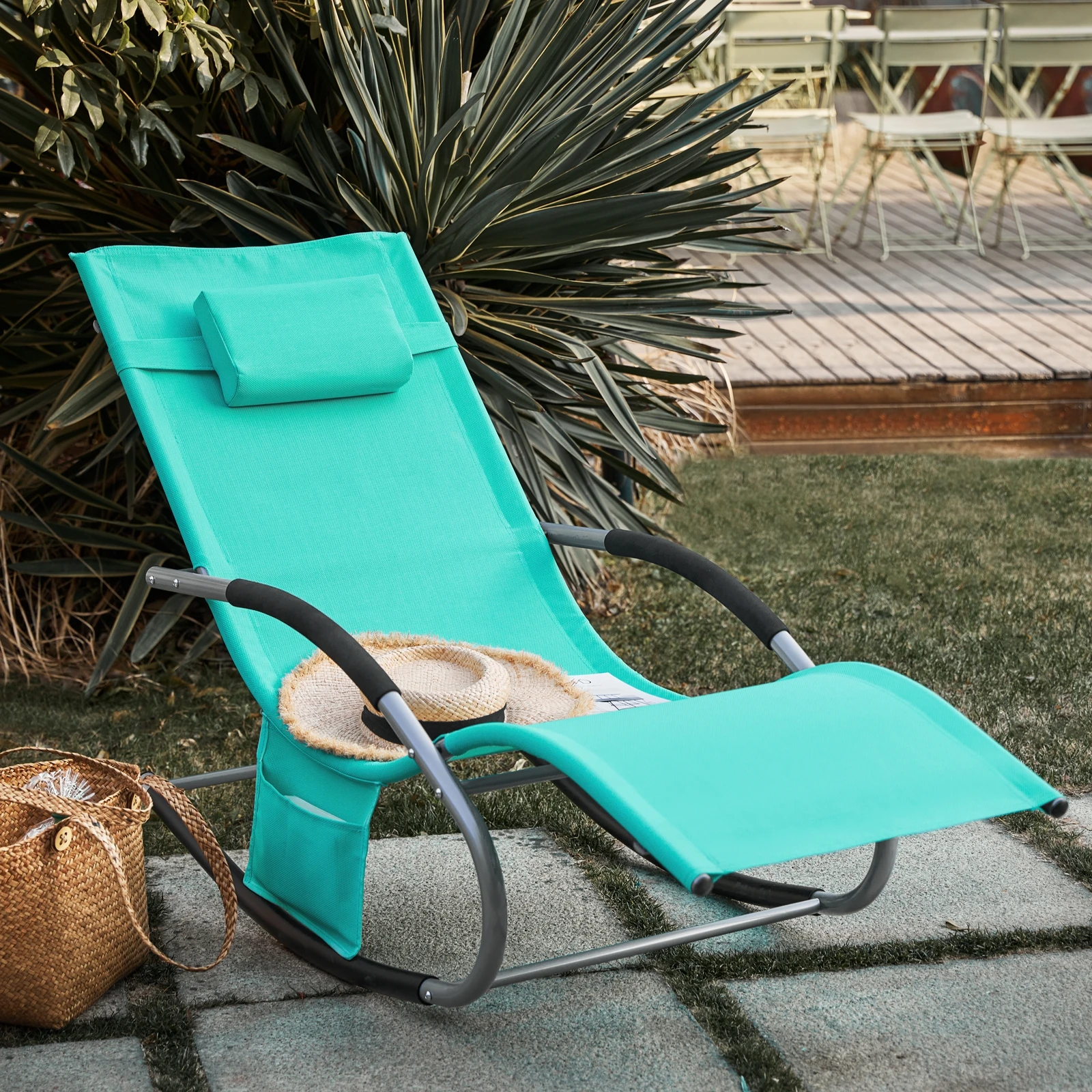 SoBuy OGS28 Sonnenliege Gartenliege wetterfest Liegestuhl Schaukelstuhl mit Kopfkissen Outdoor Terrasse Balkon Camping bis 150kg – Detail 34