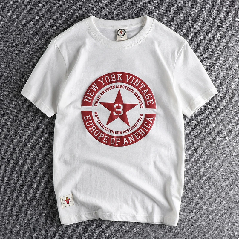 Summer New American Retro Short Sleeve O-neck Pentagram Letters Printed T-shirt Men\'s Fashion 100% Cotton Washed Old Casual Tops