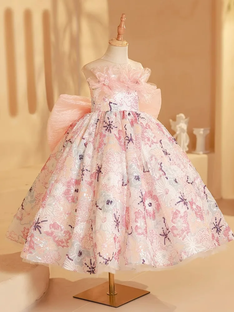 Real Picture Elegant Sequined Flower Girl Dresses Sheer Neck Bow Puffy Kids Pageant Piano Show Dress Children Prom Party Gown