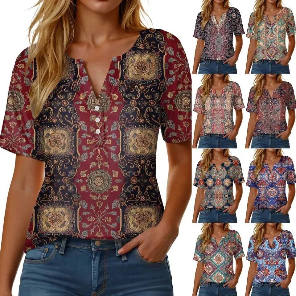 

Summer Boho T-Shirts For Women Trendy Retro Printed Short Sleeves Tunic Tops Female Casual Button Down V Neck Tee Shirts