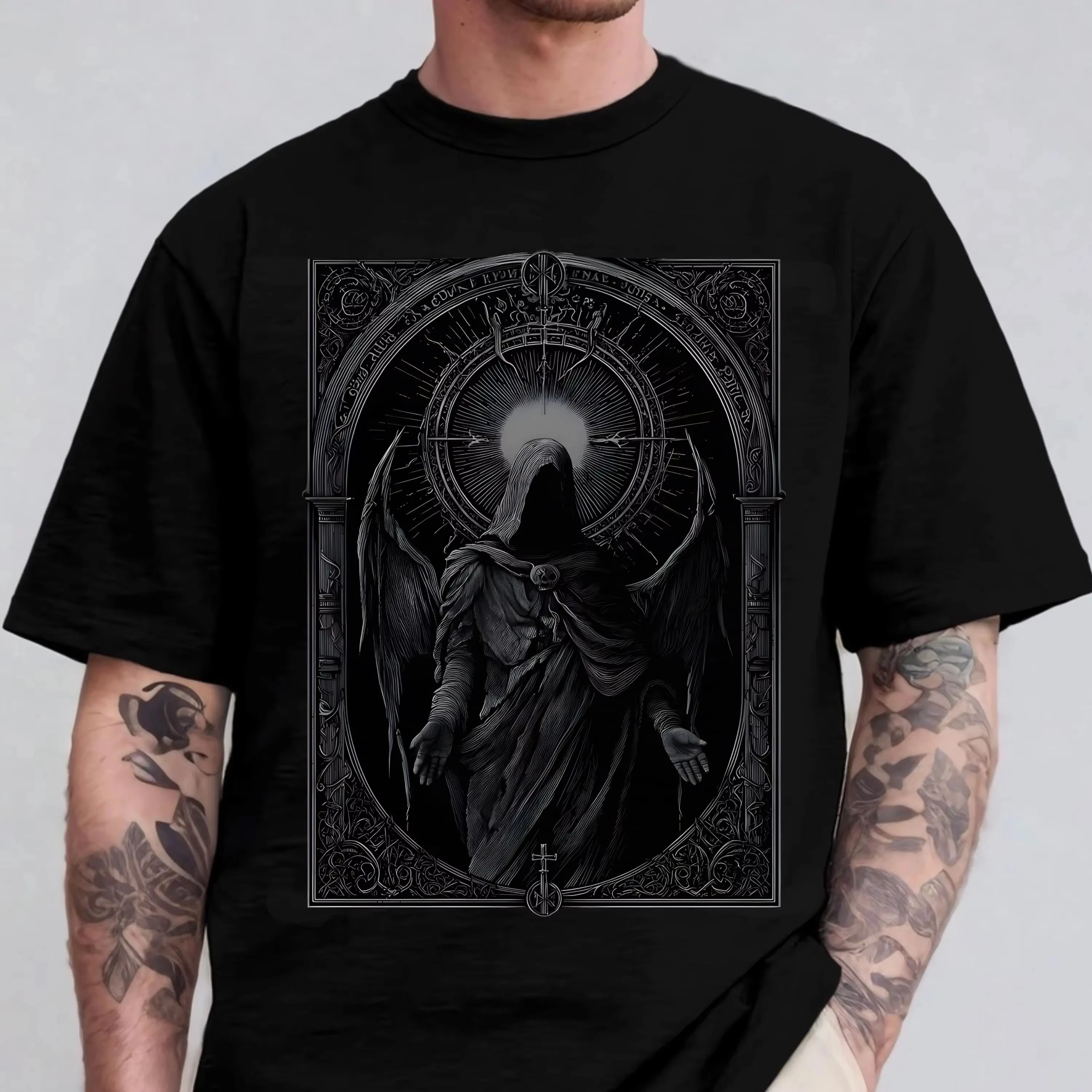 90_ Cotton Men T‑Shirt Gothic Dark Fallen Angel Tarot Frame Graphic Tee Vintage Mysterious Short Sleeve Tops