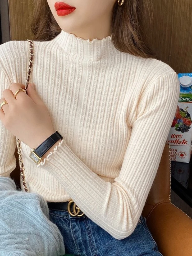 가을 겨울 우아한 패션 슬림 긴 소매 스웨터 세련된 셔링 솔리드 니트 풀오버 터틀넥 스위트 풀오버 여성 의류