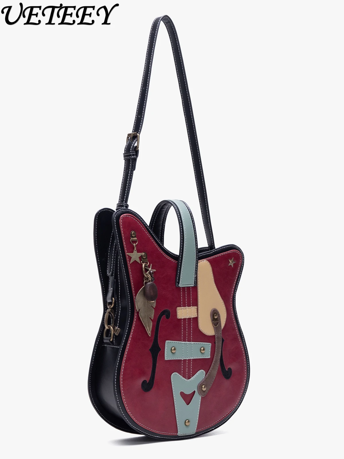 

Original Retro Metal Pendant Guitar Backpack Shoulder Crossbody Bag Women Color-Block Creative Vintage Instrument Satchel Bags