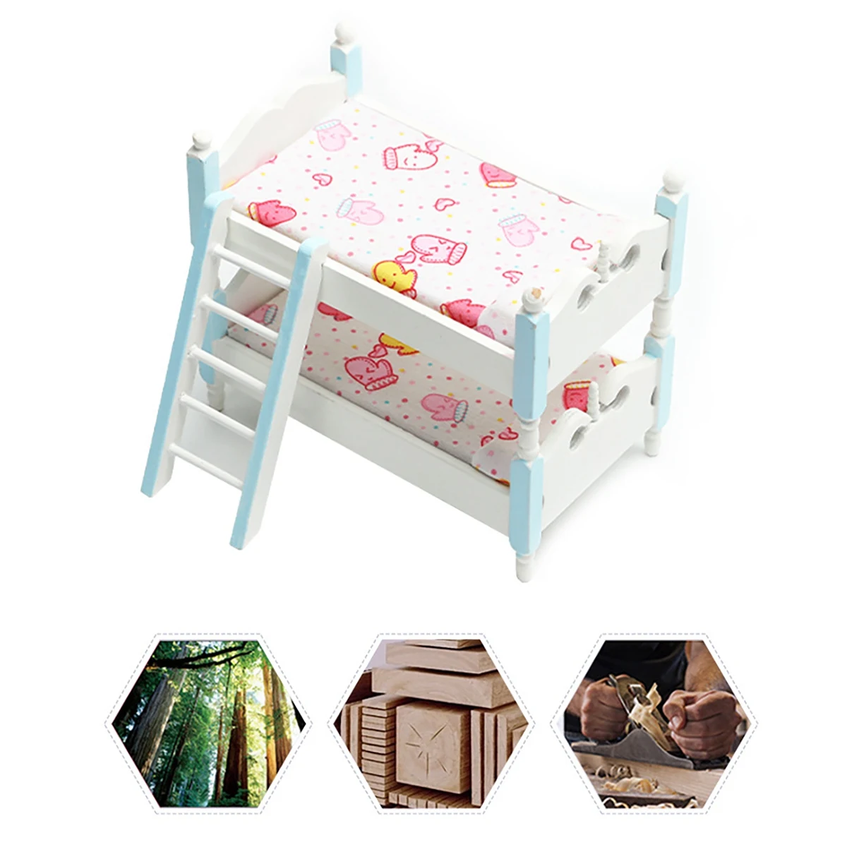 1/12 Dollhouse Miniature Accessories Mini Wooden Bunk Bed Simulation Furniture Model for Doll House Decoration A