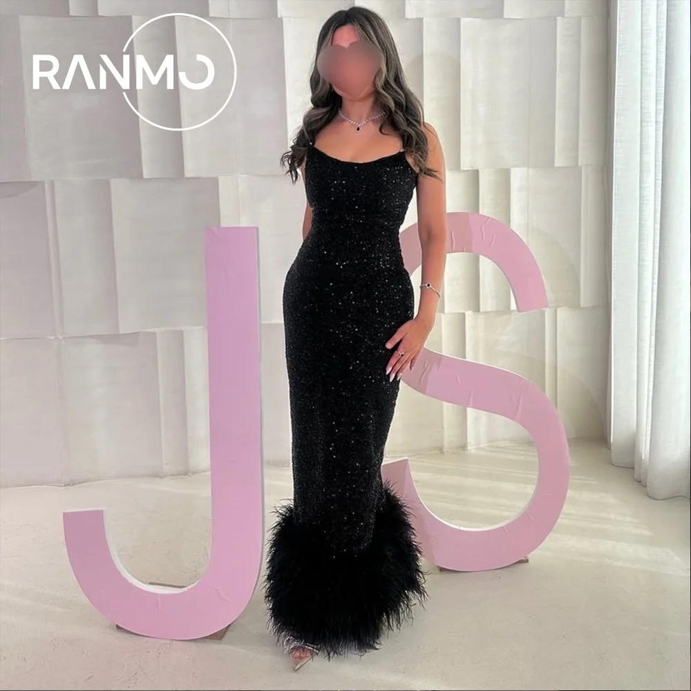 

Ranmo 2026 Black Sequin Spaghetti Strap Wedding Dress Mermaid Trumpet Feather Customized Floor-Length New Evening Party Dress