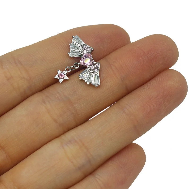 New Sweet Cool Girl Wings Heart Shaped Bellybutton Ring Chain Pink Black Brick Inlaid Navel Nail Exquisite Fashion Body Jewelry