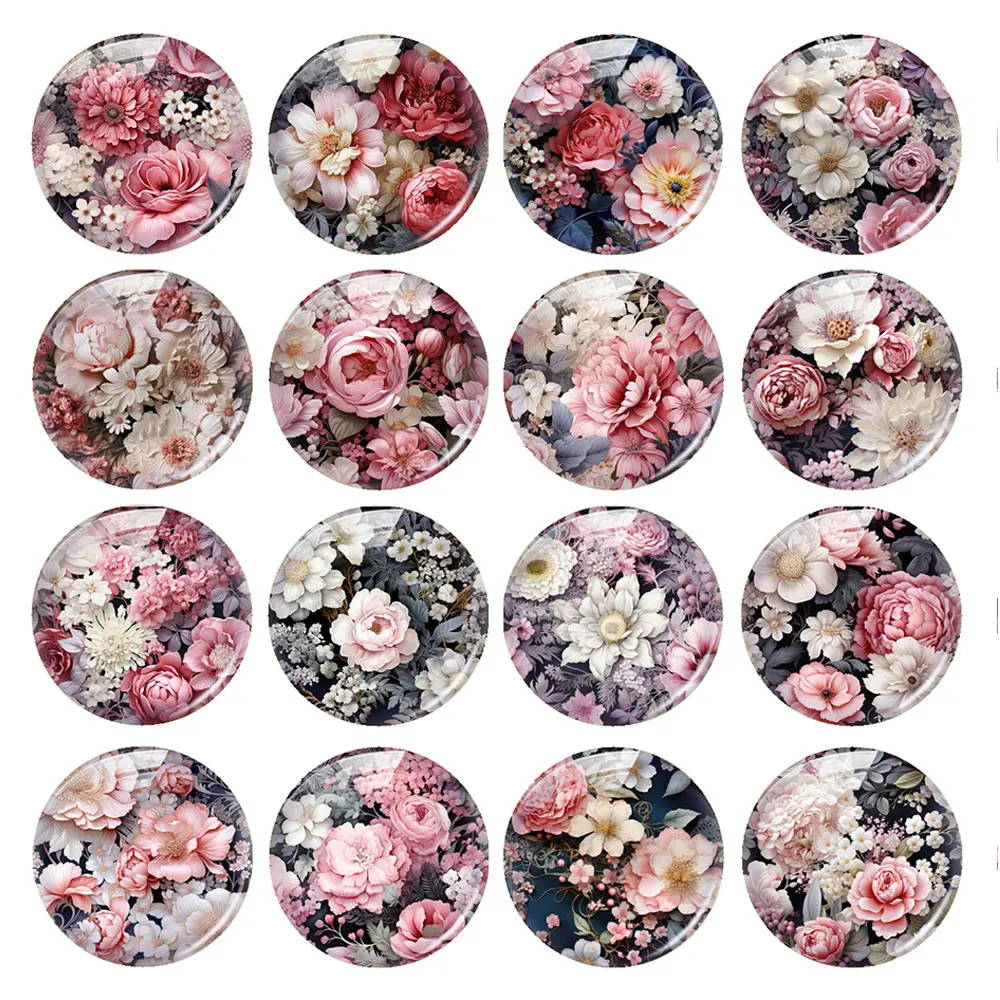 Cabujón de cristal plano con diseño de plantas de rosas rosas redondas/ovaladas/cuadradas mixtas aleatorias para hacer joyas DIY