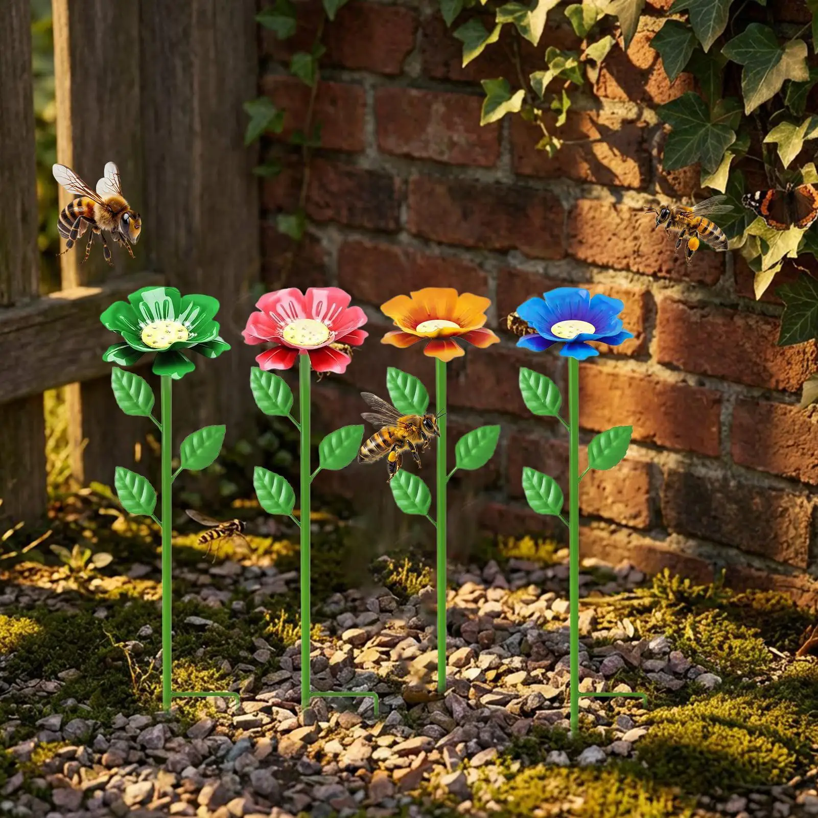 Bee Watering Cups 4 Pieces Drinking Feeder With Stake Metal Flower Shape Butterfly Bee Bath For Garden For Bird Hummingbird