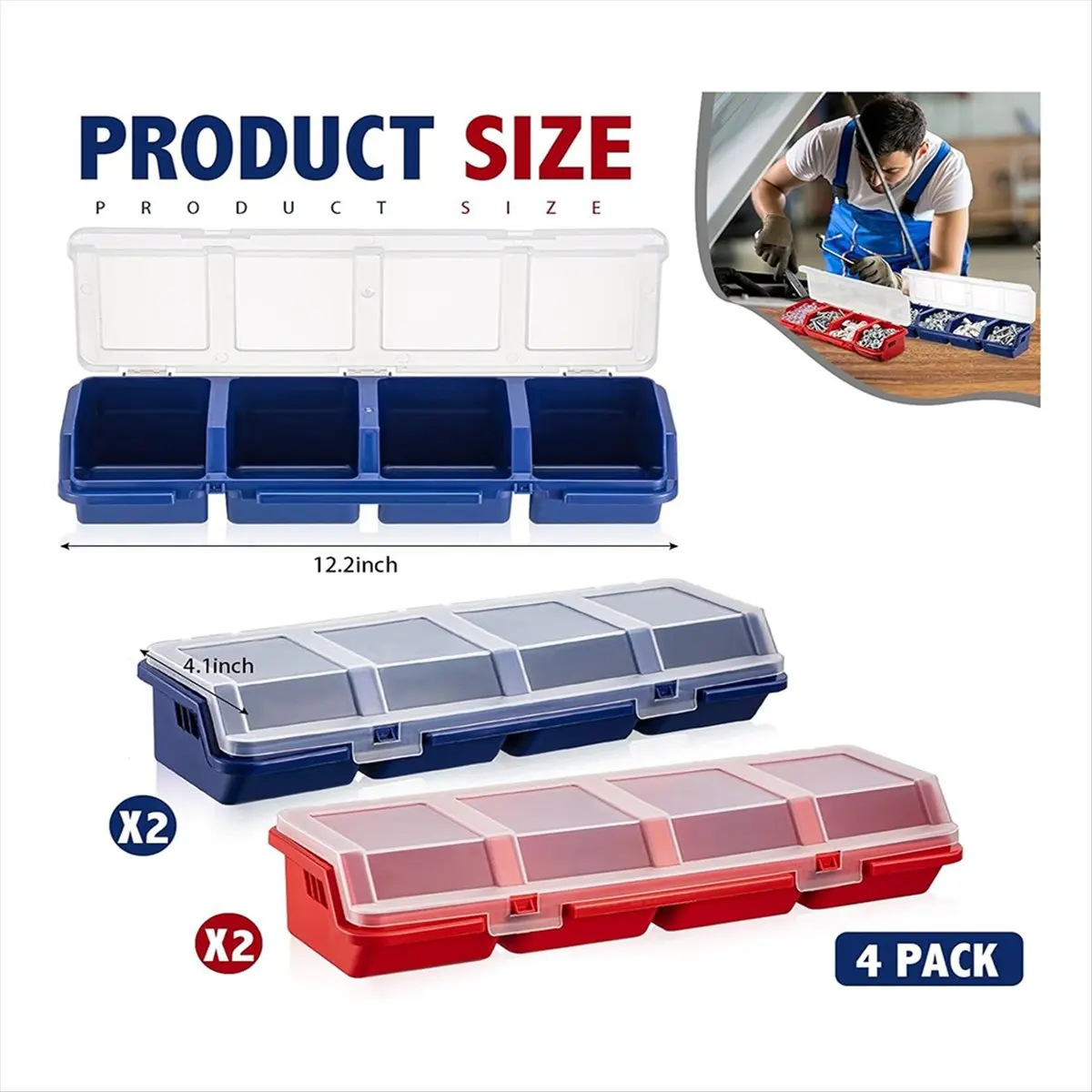 【人気商品】4個セット-ロック付きオーガナイザー＆収納ボックス-プラスチック製ハードウェアオーガナイザーボックス-仕切り付きボルトオーガナイザー