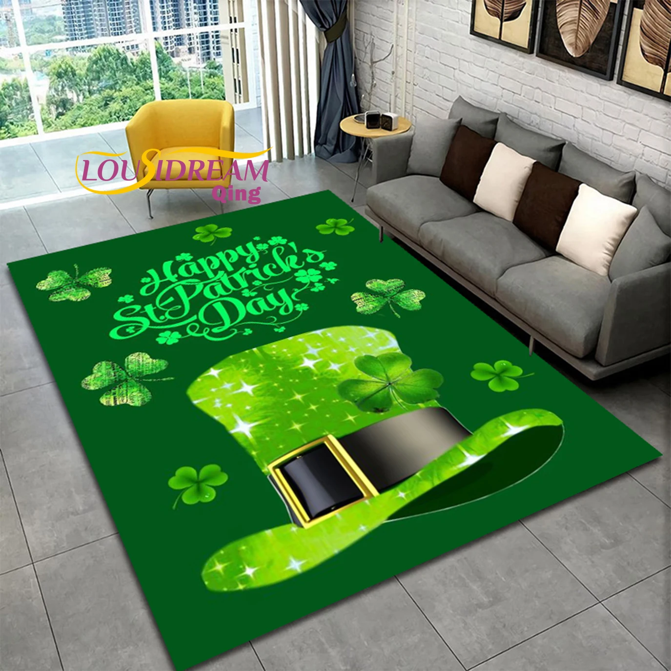 St. Patrick's Day Clover Square Rug Living Room Decor Mancave Rug Floor Mats Carpets for Bed Room Chair Mat Gifts