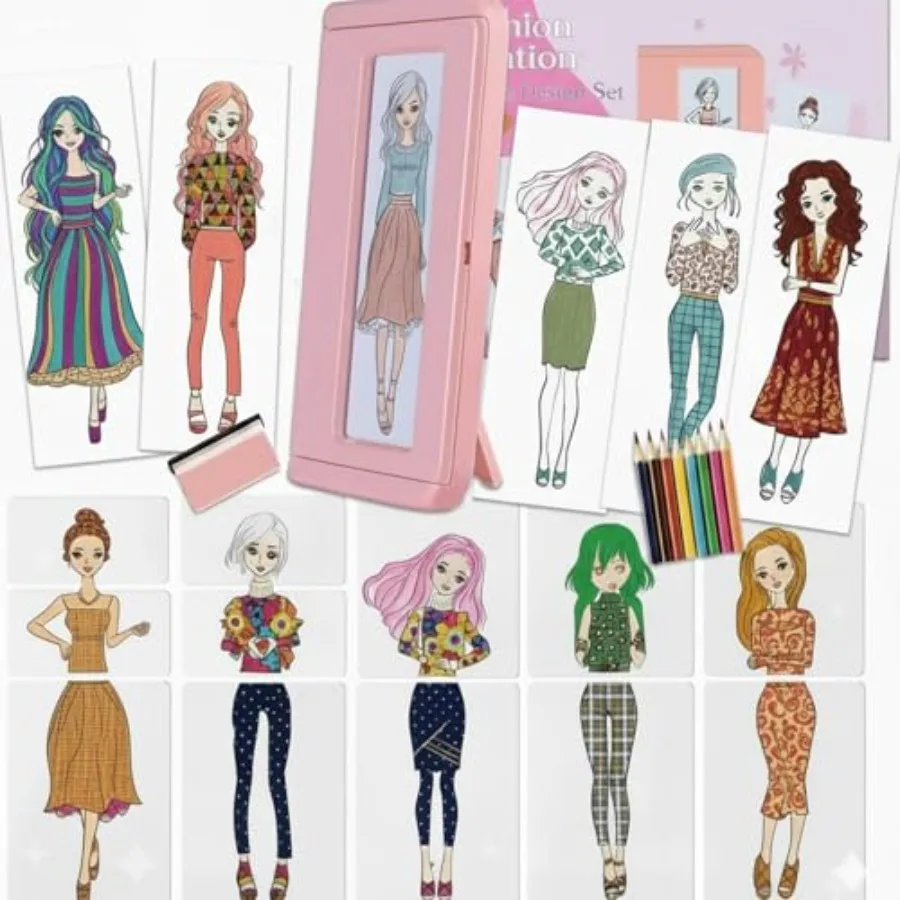 

Pink Fashion Design Drawing Kit for Girls 15 Double-Sided Rubbing Plates with Crayons Colored Pencils Paper and Display Frame D