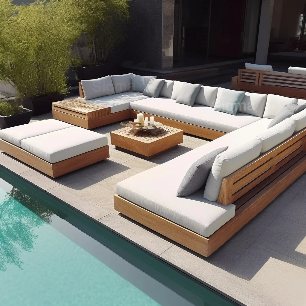 

New Arrival Modern Design Outdoor Teak Sofa Combination Modern Teak Patio Garden Sofas Set Waterproof Villa Furniture