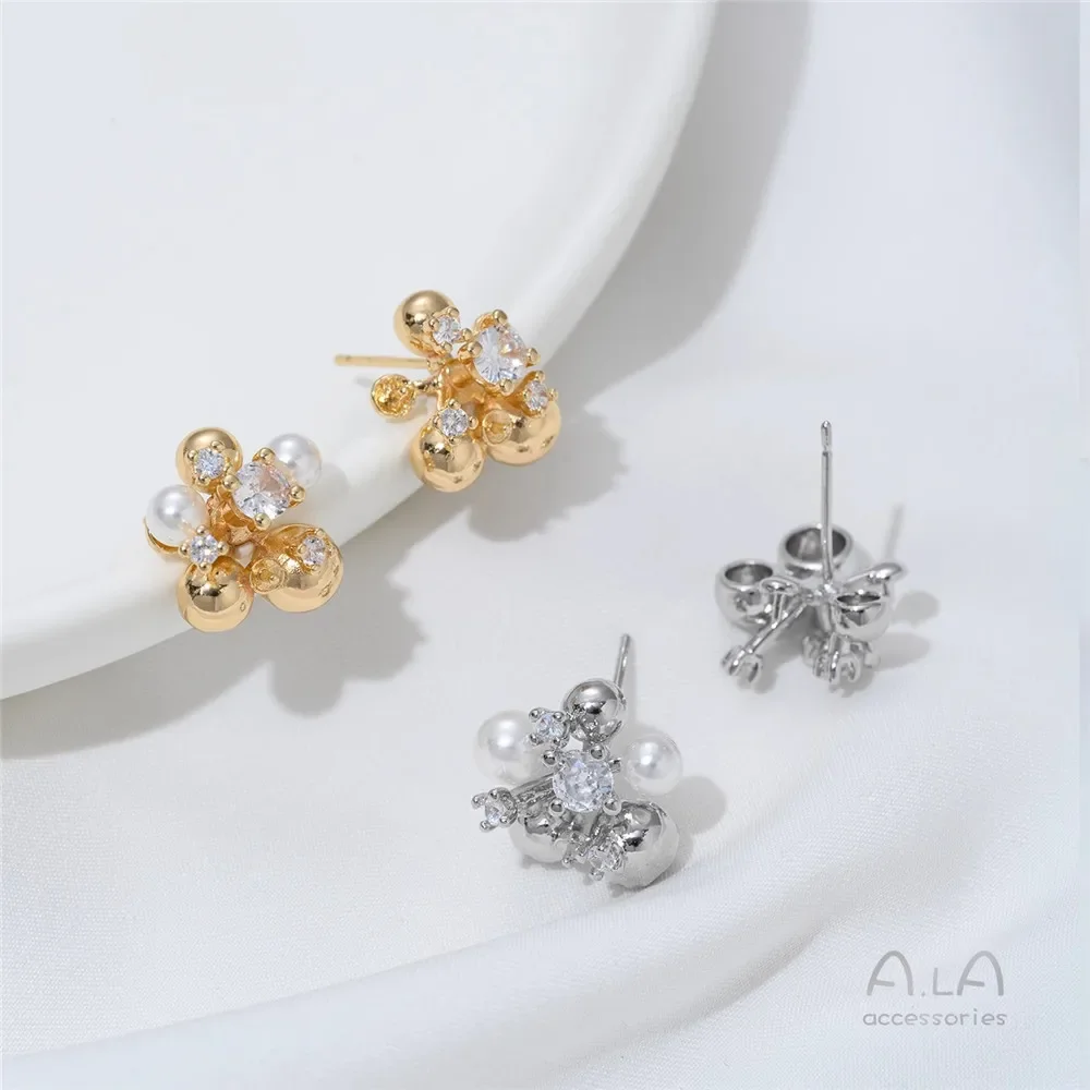 

14K Gold-plated, Zirconium-inlaid Flower Ball, Bead, Ear Stud, Silver Needle Accessory, Diy Hand-bonded Pearl Earrings Material
