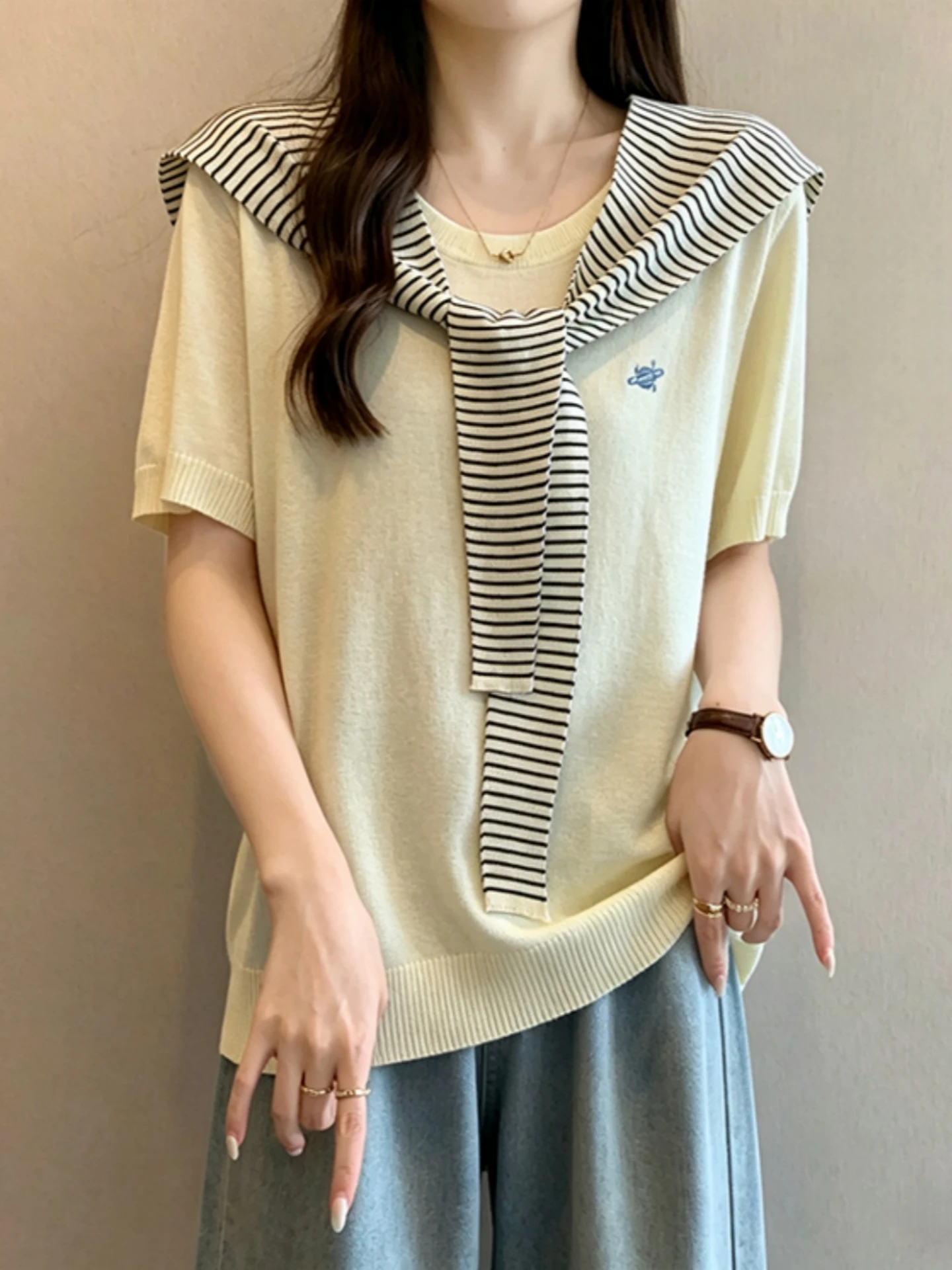 

Women's Summer Slimming Design Ice Silk T-Shirt with Shoulder Scarf Short Sleeve Embroidered Base Top Korean Style Loose Fit