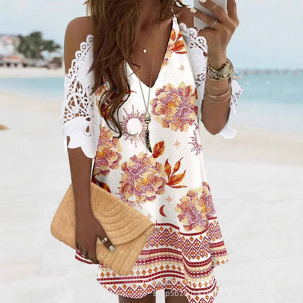 Feminino floral impressão ombro frio profundo v crochê renda mini vestido casual sexy verão moda