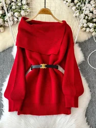 New Autumn/Winter Women's Knitted Dress Black Grey Mini Fashion Off Shoulder Bag Hip Sweater Dress A186
