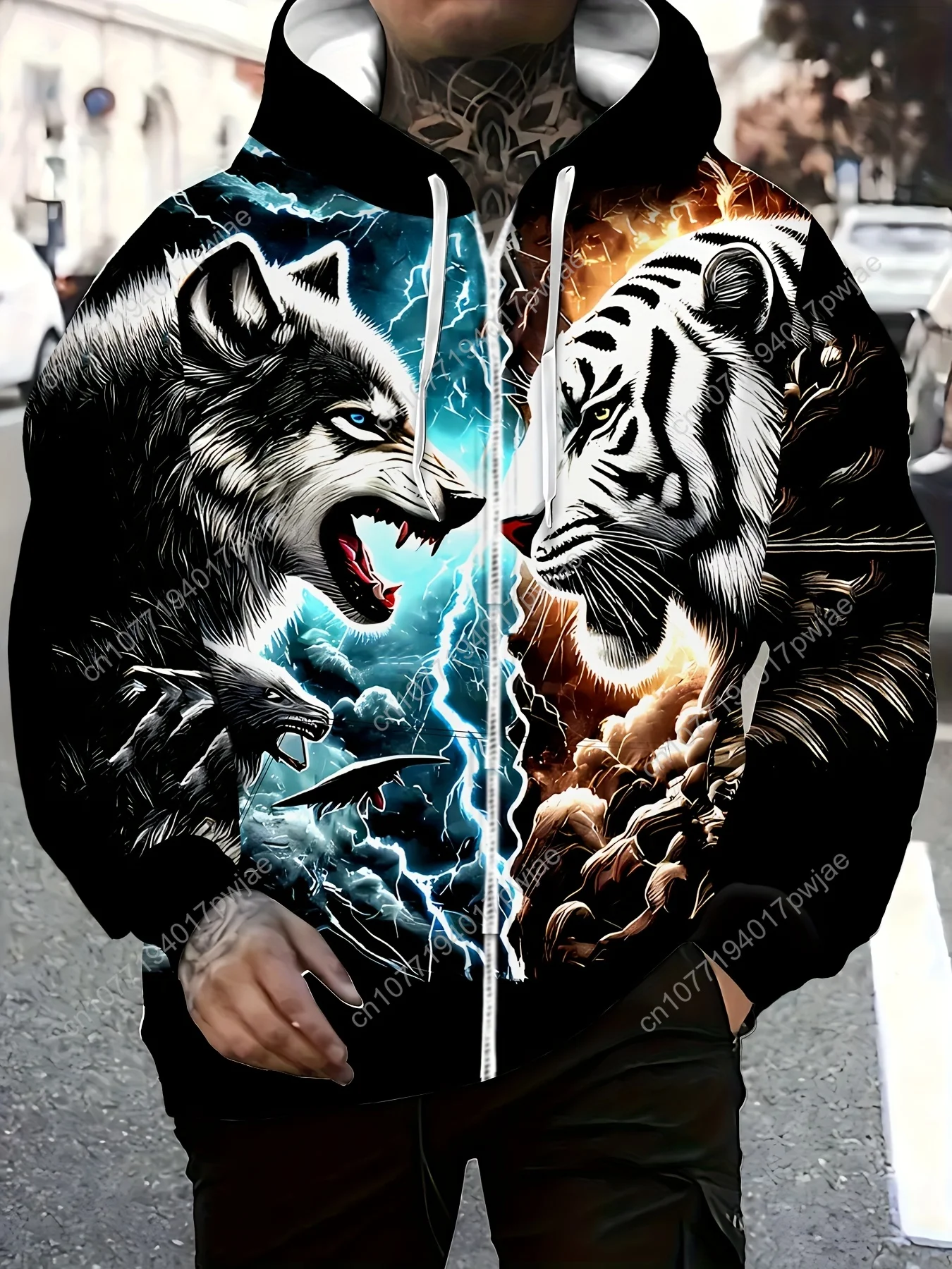 Moletom masculino com zíper e estampa Tiger & Wolf – manga comprida, cordão, bolsos |   Jaqueta casual outono/inverno ao ar livre |   Poliéster, Machi