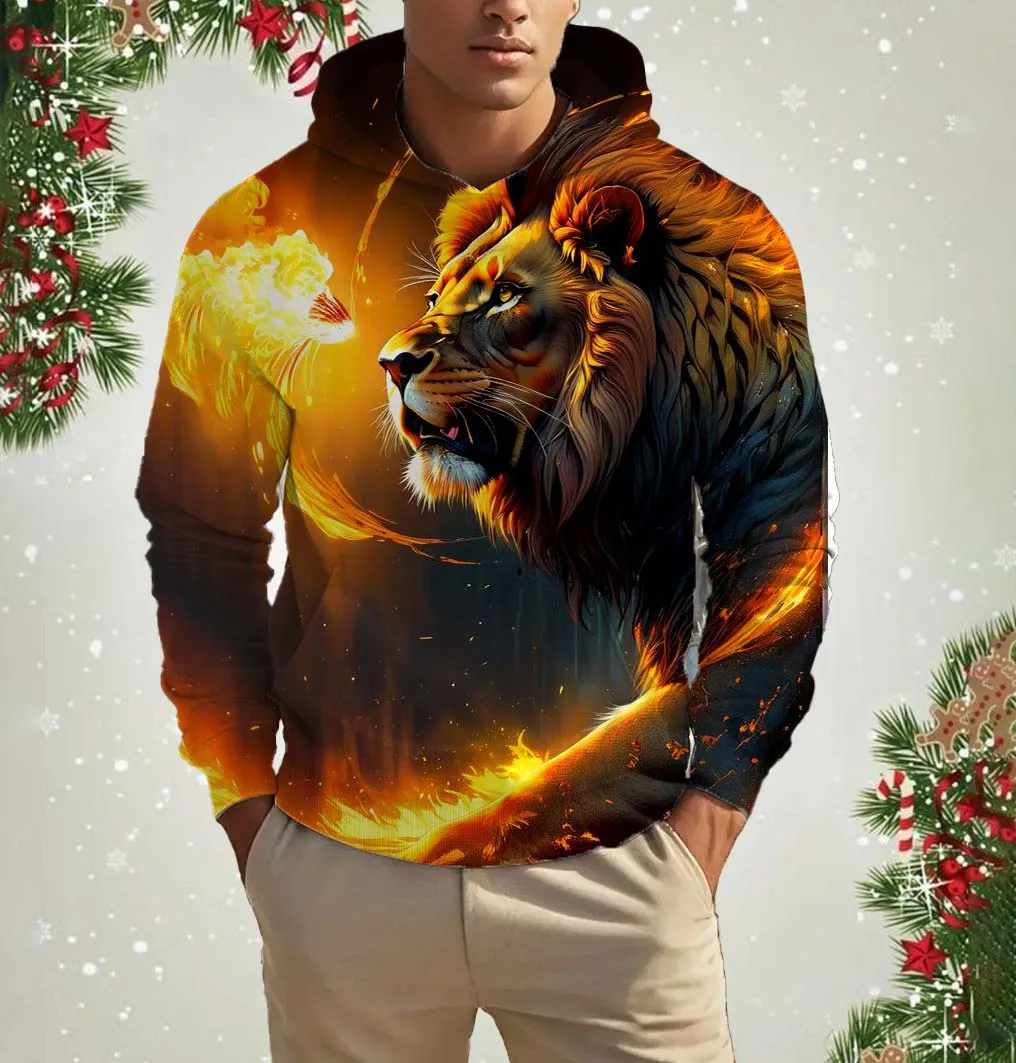 

Men's Hooded Animal Lion 3D Print Hoodies Top New Autumn Fashion Casual Tiger Long Sleeved Pullover Oversized Sweatshirt Tops