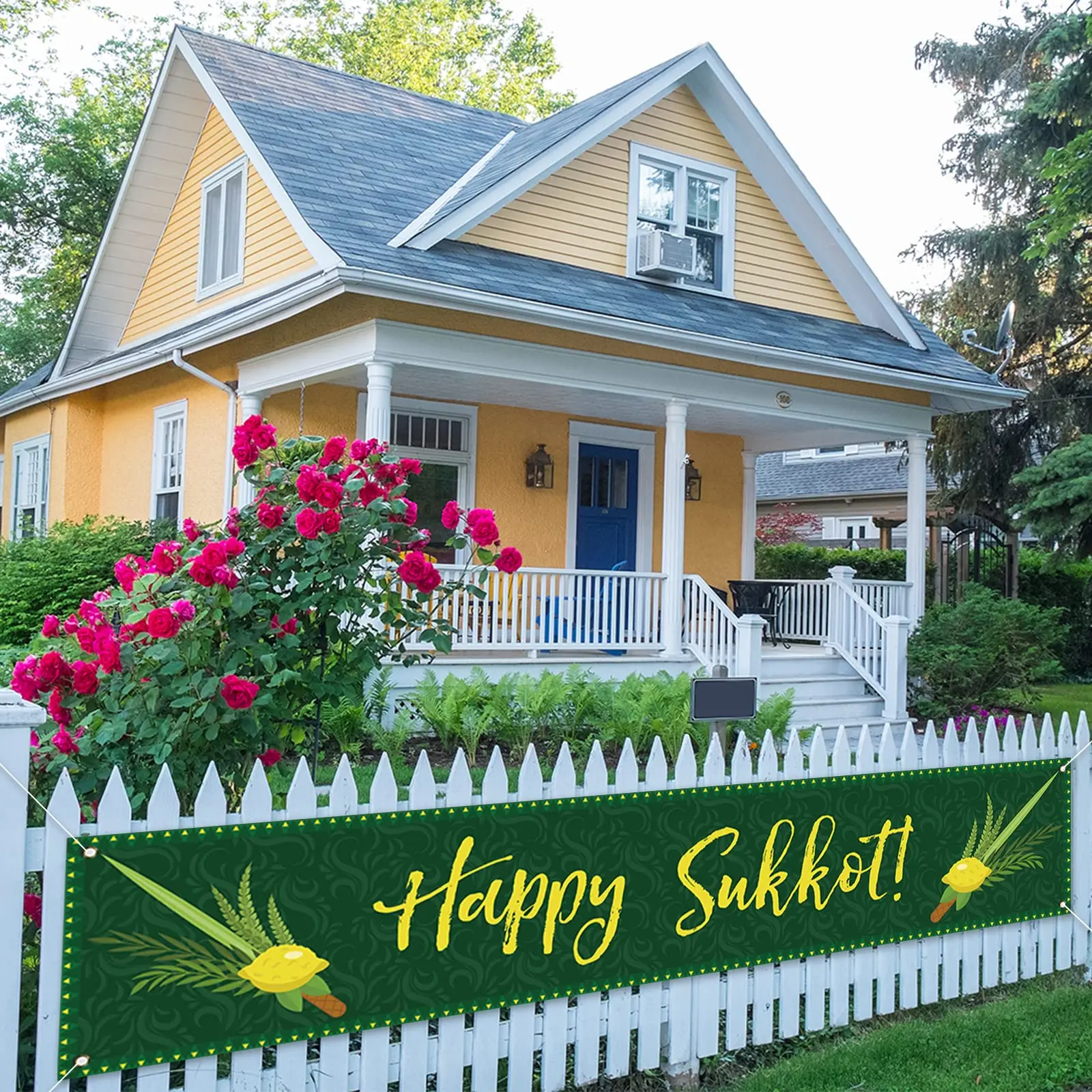 Happy Sukkot Banner for Yard Lawn Fence Decor Israel Sukkah Jewish Holiday Celebration Festival Outdoor Decoration Party Supply