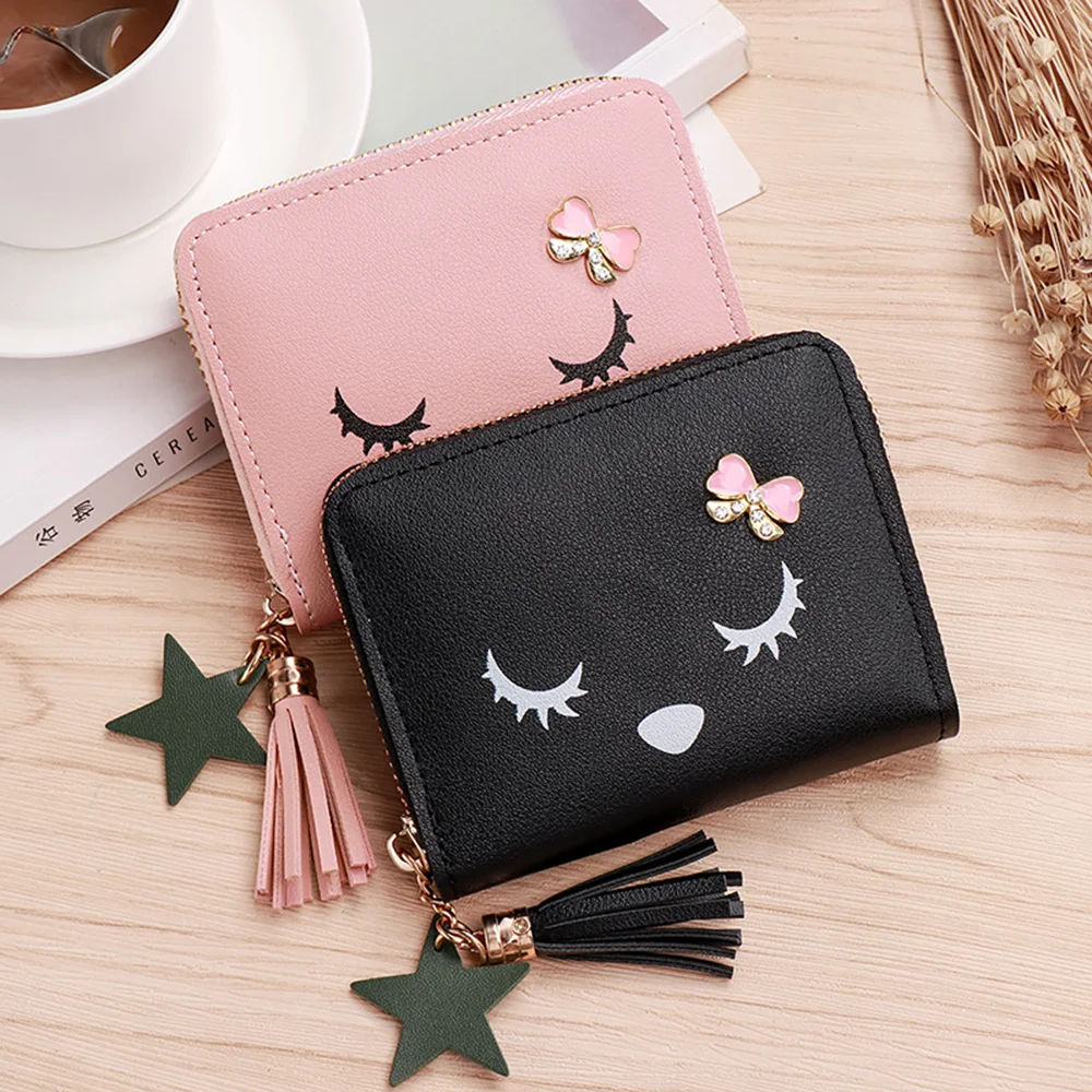 Dompet wanita Mini wanita dompet rumbai pendek lucu gadis ritsleting kulit Pu dompet koin dompet tangan wanita dompet cartera