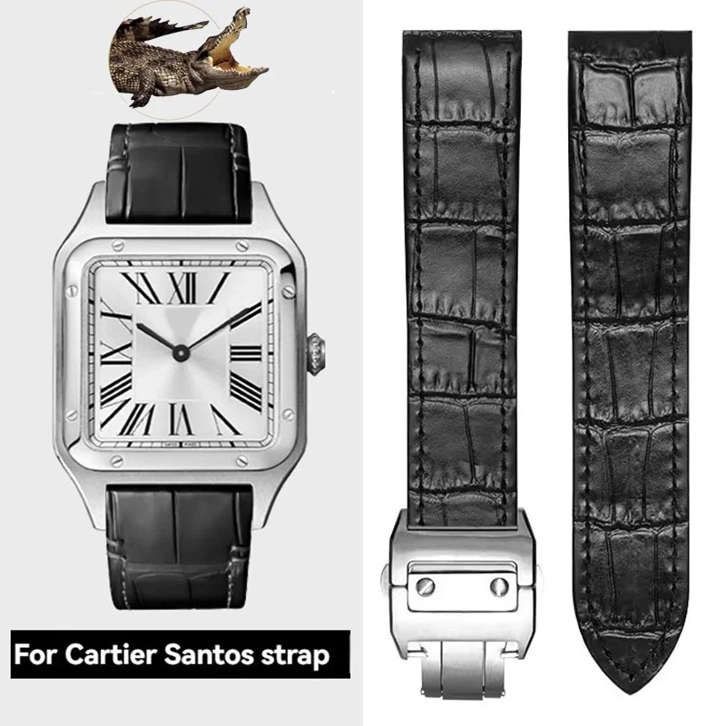 

20mm 23mm Crocodile Leather Strap for Cartier Santos Men's Santos 100 Series Alligator Watchband Folding Buckle Belt Black Brown