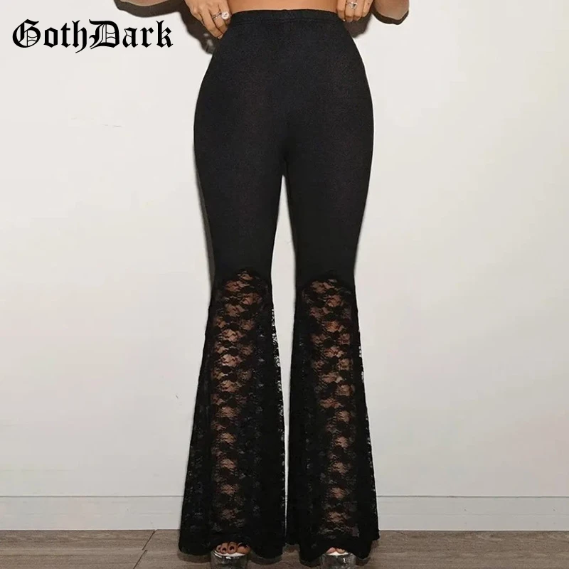 

Goth Dark Acubi Fashion Black Lace Patchwork Flare Pants Women Techwear Mall Gothic High Waist Long Pant Basic Trousers Bottoms