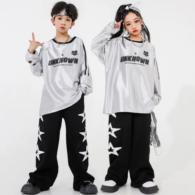 子供 Kpop ヒップホップ服反射印刷トップスストリート黒パンツスター付きガールズボーイズジャズダンス衣装服