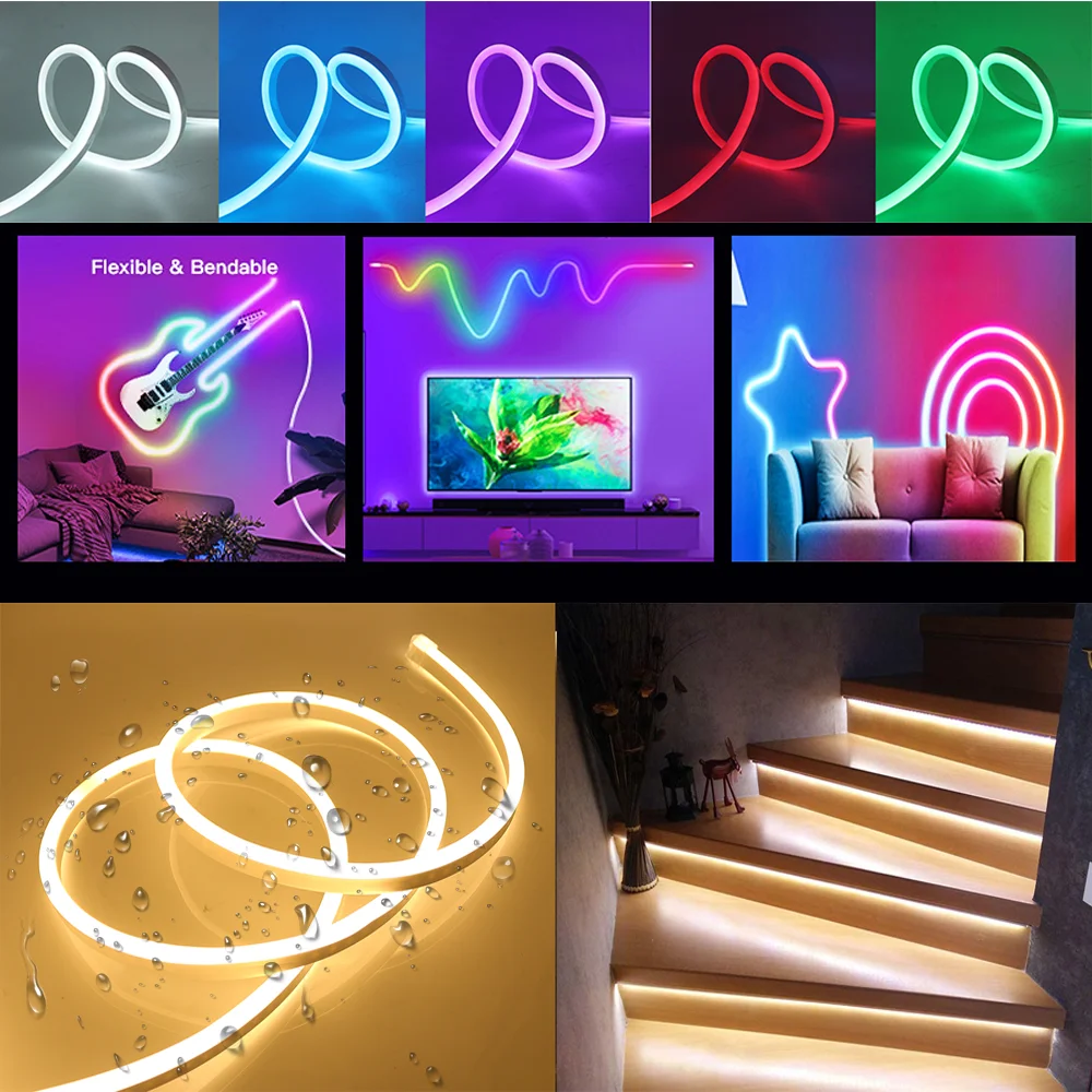 EU 220V LED Neon Light RGB Tuya WiFi Bluetooth APP Control Neon Rope Light Flexible Waterproof Ribbon Tape 5050 2835 LED Strip