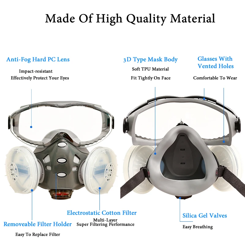 Full/Half Face Dust Mask Respirator With Anti-Fog Safety Glasses Dual Filters For Carpenter Builder Polishing Eye Protection