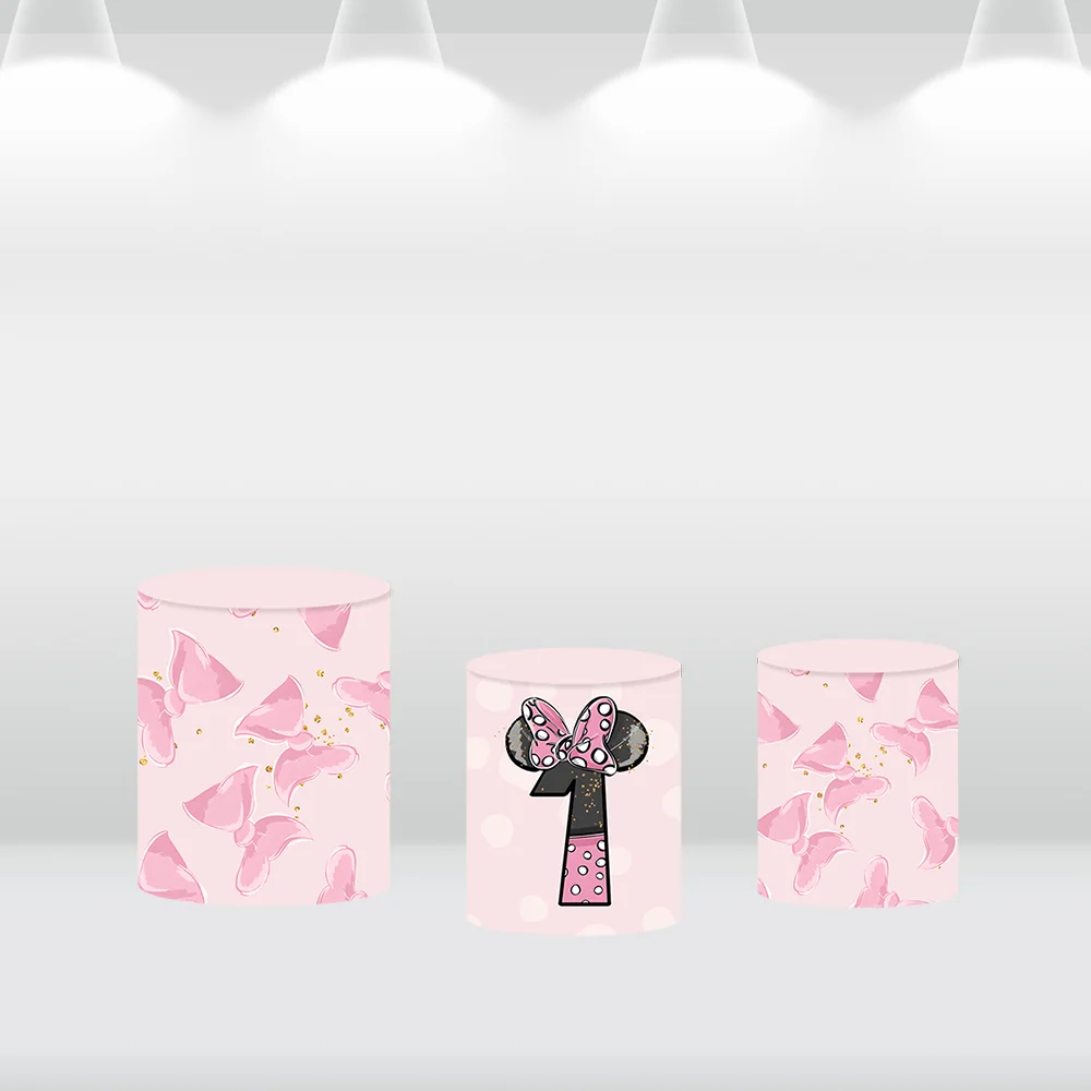 Minnie Mouse Cabeça Baby Shower Decoração, Custom Round Backdrop Cover, Girl's 1st Birthday Circle Background, Bolo Table Banner