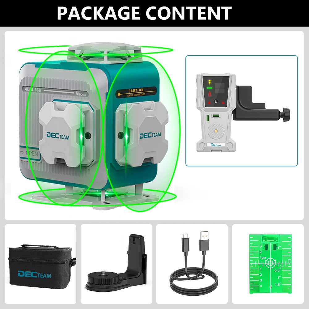 Decteam 4D Cross Line Laser Level Set With Laser Receiver Detector Green Horizontal & Vertical Line Laser Tools For Tiling Floor